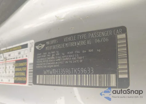 2006 Mini Cooper S from USA, damaged, VIN WMWRH33596TK59633